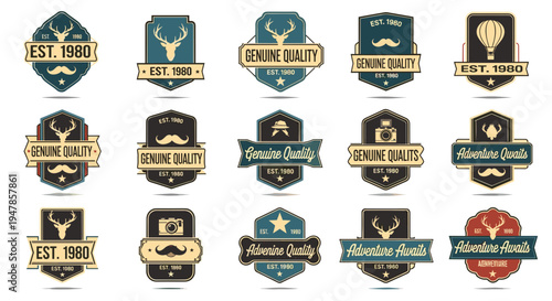 Vintage emblem collection featuring geometric shapes with rustic icons and textual