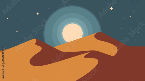 Vibrant desert landscape at night with full moon rising behind orange and brown hills under starry dark blue sky