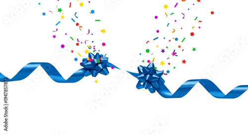 Bright blue ribbon cut for grand opening celebration with colorful confetti