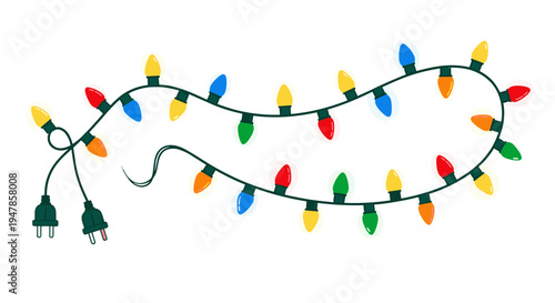 Festive string of colorful christmas lights with plug isolated on white background