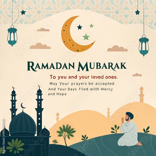 Ramadan Mubarak Illustration Featuring a Crescent Moon, Mosque, and a Person Praying in a Desert Landscape