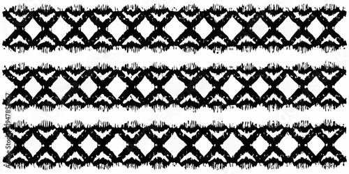 Three rows of black ikat patterns on a white background