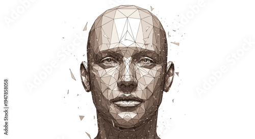 Geometric low poly human head emerging from fragmented abstract particles