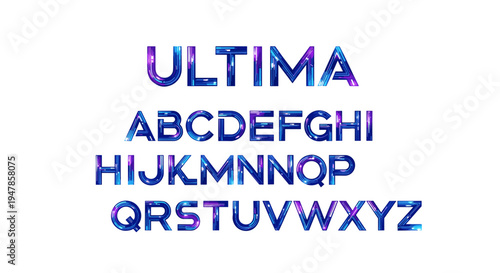 Galactic alphabet letters and word ultima with cosmic nebula texture graphic