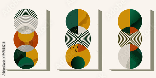 Abstract stacked oval shapes in geometric patterns and muted colors