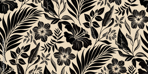 Elegant tropical floral pattern with hibiscus and lush foliage