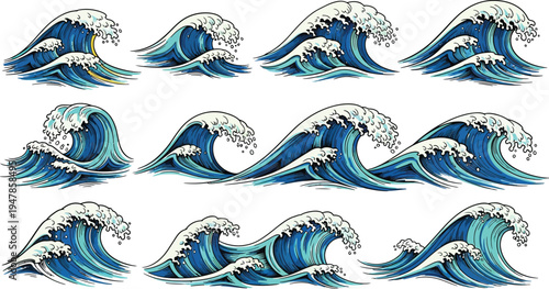 Set of blue ocean waves in japanese woodblock art style