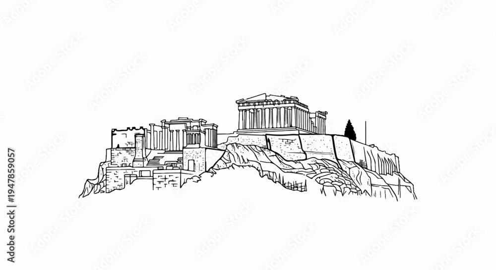 Fototapeta premium Stylized outline sketch of ancient structures atop a rocky hill