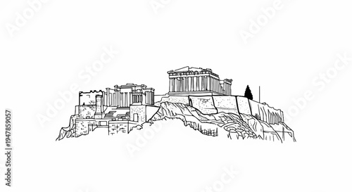 Stylized outline sketch of ancient structures atop a rocky hill