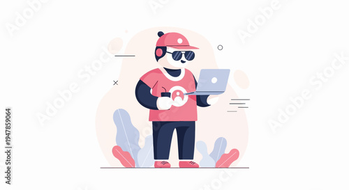 Stylized panda character in a cap and sunglasses holds a laptop and coffee