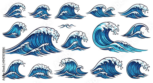 Collection of blue sea wave illustrations for design elements