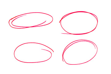Red Hand Drawn Marker Circles Set Isolated on Transparent Background Doodle Highlight Scribble Emphasis Design Elements