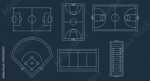 Sports Field Layouts - Soccer, Basketball, Baseball, Volleyball, and Football.