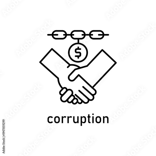 The corruption icon features a handshake under a chain with a dollar sign symbol. It represents bribery, unethical business practices, and illegal financial transactions.