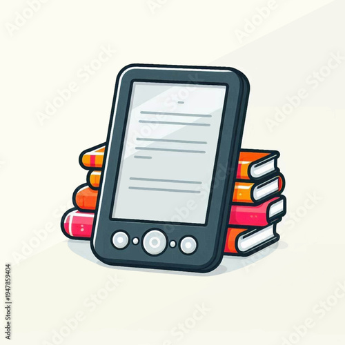A cartoonstyle electronic reader with a digital page displayed leaning against a vibrant colorful stack of traditional hardcover books.
