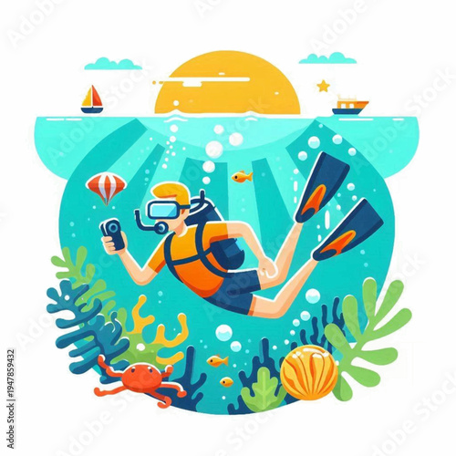 A cartoon scuba diver with blonde hair and an orange vest holds a camera while swimming horizontally underwater.