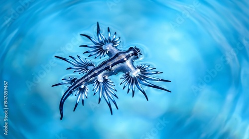 A blue sea slug floats on the surface of bright blue water, showcasing its delicate cerata extensions.