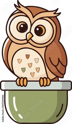 Stylized owl on top of pot, vector icon, cheerful design, white background