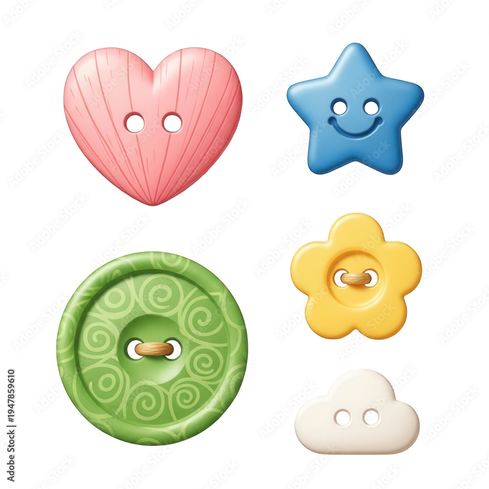 Fototapeta premium Colorful Plastic Buttons In Heart, Star, Flower, And Cloud Shapes On Black Background For Design Elements