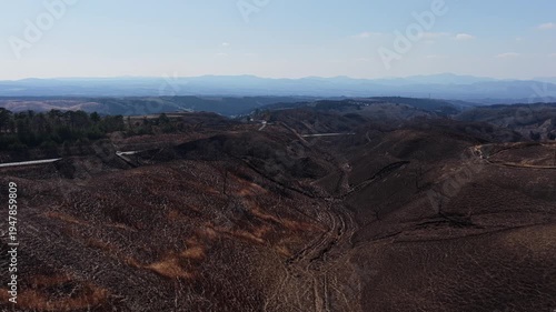 Aerial landscape of Mount Aso volcanic mountains in Kumamoto Kyushu Japan