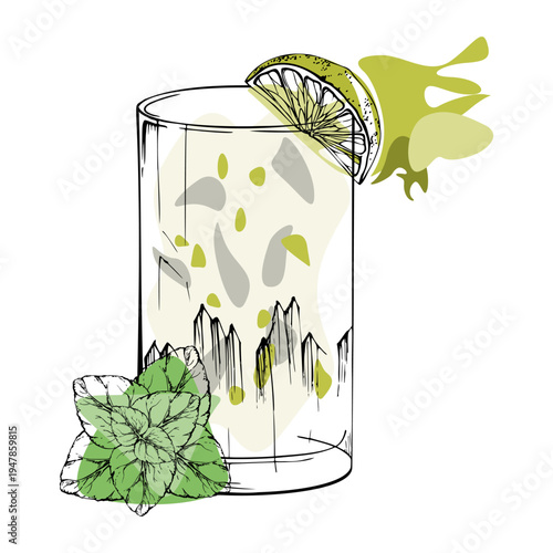 Vector Gin Tonic, mojito cocktail, water with citrus pulp in highball glass with lime slice and mint leaves. Fresh clean lines hand drawn in ink. Bar branding, mixology sets, and digital menu visuals.