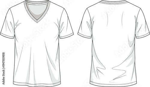 men v neck t shirt template, short sleeve tee front and back view, fashion technical drawing, apparel mockup vector, clothing outline