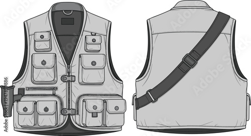 tactical fishing vest template with utility pockets and shoulder strap, front and back view, outdoor gear technical drawing vector