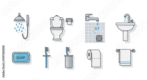Bathroom Essentials - Shower, Toilet, Sink, and Accessories Illustration.