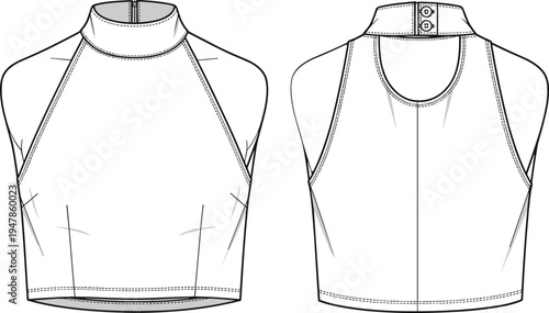women halter neck crop top template, sleeveless high neck tank front and back view, fashion technical drawing apparel vector