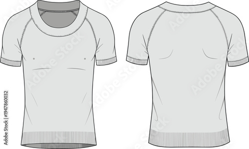 women raglan sleeve knit t shirt template, rib hem short sleeve top front and back view, fashion technical drawing vector
