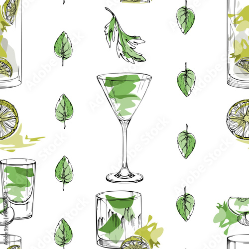 Absinthe, Appletini shot, Caipirinha, gin tonic and Mojito cocktails with celery and mint leaves. Vector seamless pattern in fresh citrus tones hand drawn for gift wraps, digital themes, recipe kits