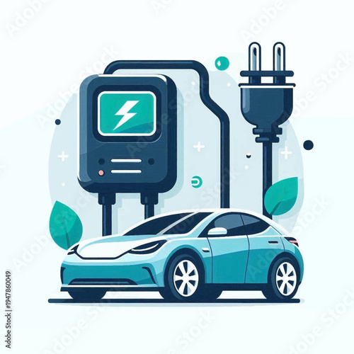 A modern blue electric car at an EV charging station with a power plug illustrated in a clean flat vector graphic style.