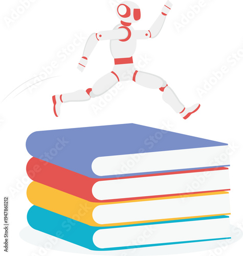 Robot Jumping Over a Stack of Books Representing AI Education and Knowledge Processing