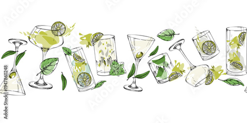 Repeating vector banner of lime and mint clear cocktails with clean ink outlines and color hints. Isolated strip for web headers, packaging ribbons, menu dividers, digital borders, themed print sets.