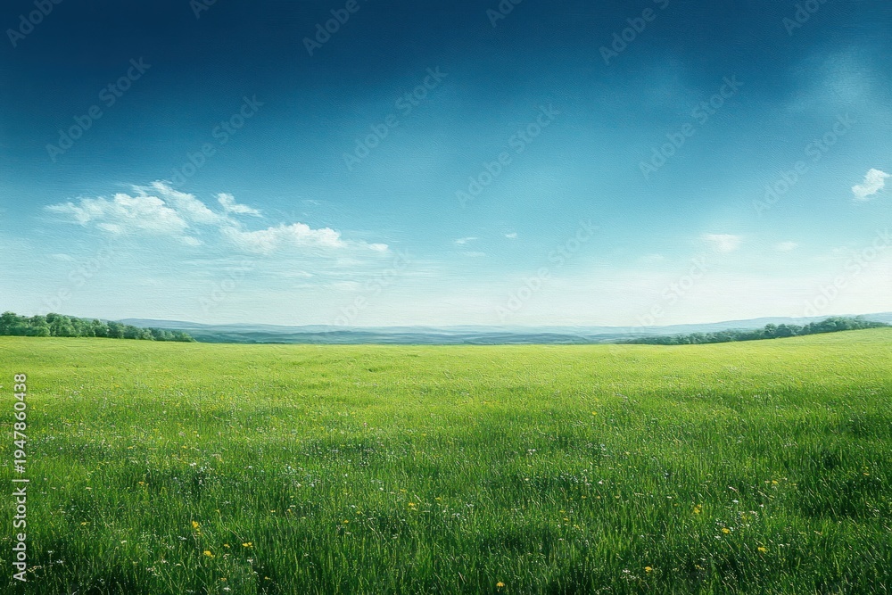 Fototapeta premium Expansive green meadow dotted with yellow wildflowers beneath a vast blue sky with soft clouds and distant tree-lined rolling hills, peaceful and serene