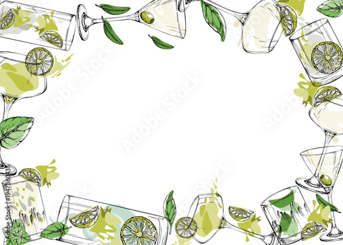 Crisp vector frame of lime-green cocktails in clean outlines. Hand drawn in ink for recipe headers, blog borders, mixology branding, packaging strips, themed stationery and elegant digital edges.