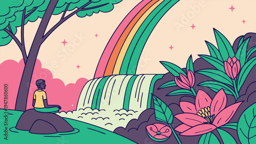 Serene vector illustration of a person meditating by a vibrant rainbow waterfall in a lush, colorful fantasy garden with pink lotus flowers and green foliage, promoting peace and mindfulness.