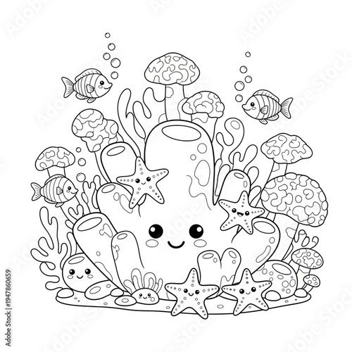 A smiling octopus surrounded by sea creatures and coral
