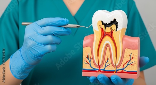 Dentist holding tooth model and dental tool, demonstrating root canal treatment