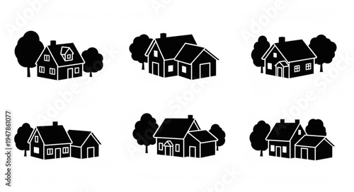 Silhouette Houses and Trees - A Collection of Residential Icons.