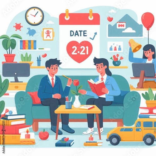 A young man in a blue suit offers a red rose to a woman reading a book on a green sofa.