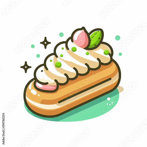 Adorable cartoon eclair with swirled white frosting green sprinkles and a pink almond garnish.