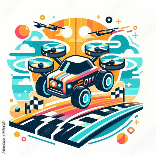 A vibrant futuristic flying car drone hybrid with glowing wheels and quadcopter propellers hovering in midair.