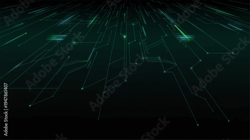 Glowing green circuit board lines and pathways on a dark background representing technology and innovation