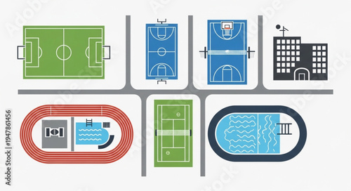 Sports Complex Layout Featuring Various Athletic Fields and Facilities.