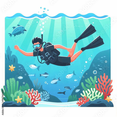 Cartoon illustration of a male scuba diver in a black wetsuit mask and fins swimming underwater.