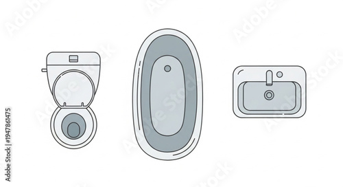 Bathroom Fixtures - Toilet, Bathtub, and Sink Overhead View.