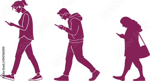 Set of 3 purple vector silhouettes depicting people walking while looking down at their smartphones, illustrating digital addiction and technology use.