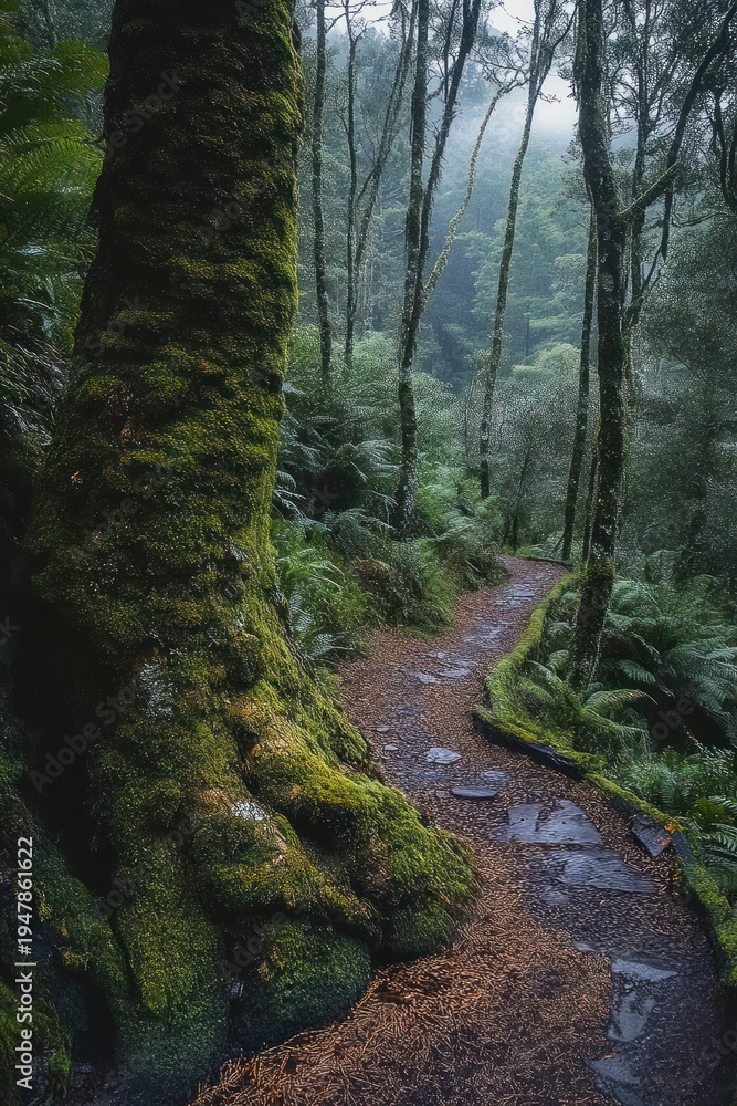 Fototapeta premium moss-covered tree beside a winding stone path through a misty fern-filled forest, tranquil and mysterious atmosphere