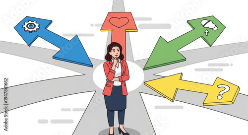 Woman at crossroads with arrows.